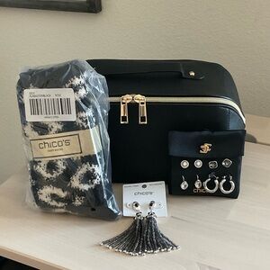 Priced to sell - Chico's Black Cosmetic Bag, cozy socks, & (2) sets of earrings